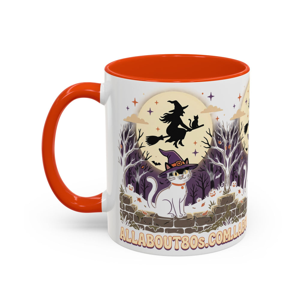 Halloween Cat Witch Mug – Cute Witch Hat Cat with Flying Witch Silhouette (11oz/15oz)