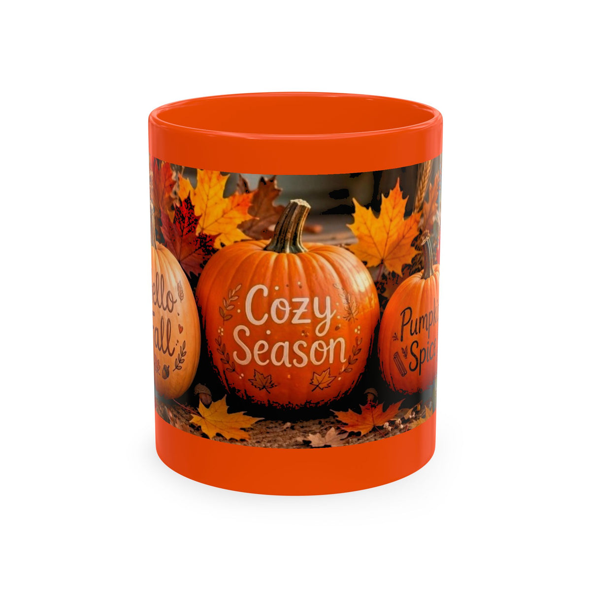 Hello Fall Ceramic Mug — Cozy Pumpkin & Autumn Leaves Coffee Cup