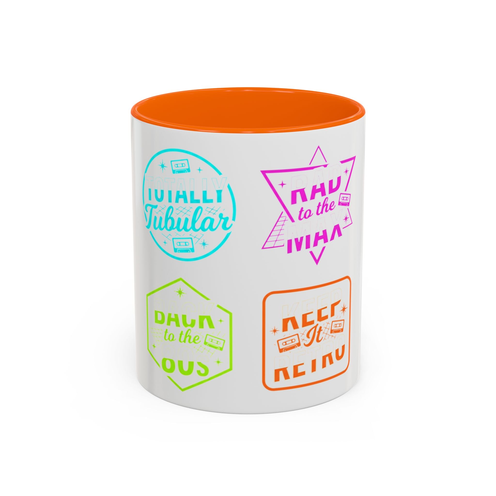 Retro Gamer Badge Accent Coffee Mug — Neon 'Totally Tubular' & 80s Gamer Icons (11/15oz)