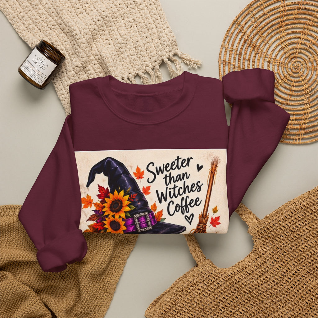 Sweater — 'Sweeter Than Witches Coffee' Halloween Witch Graphic Crewneck Sweatshirt