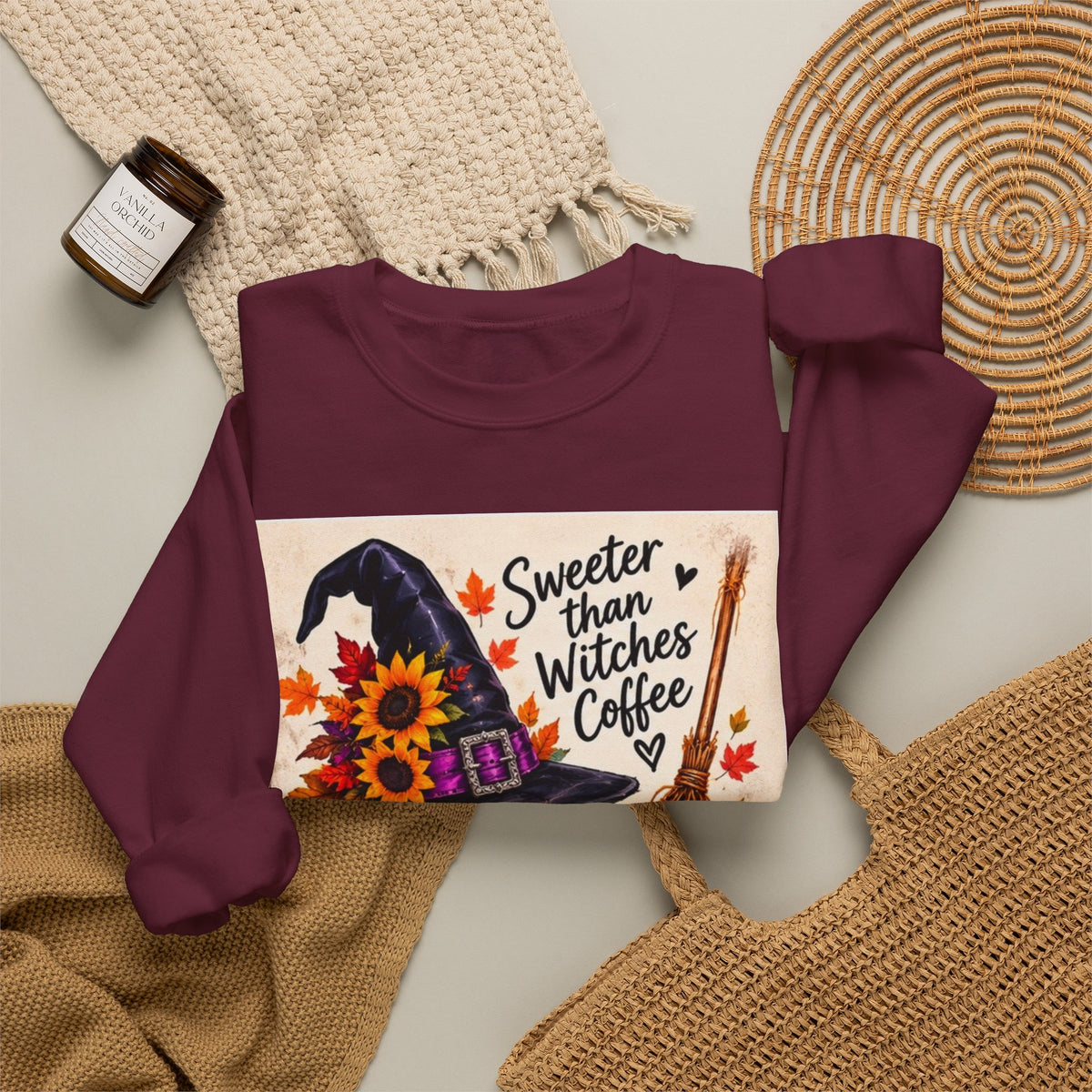 Sweater — 'Sweeter Than Witches Coffee' Halloween Witch Graphic Crewneck Sweatshirt