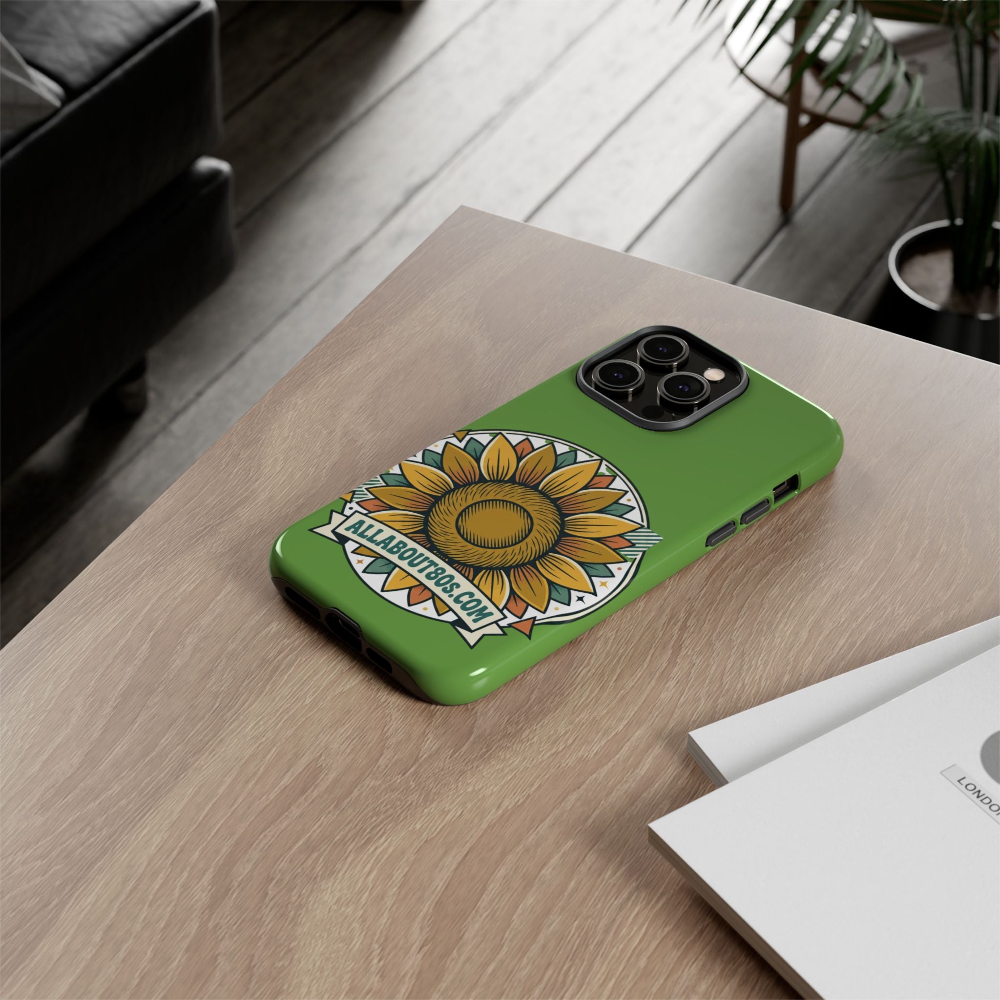 Sunflower Tough Phone Case – Green Floral Protective Case with "AllAbout80s.com" Banner