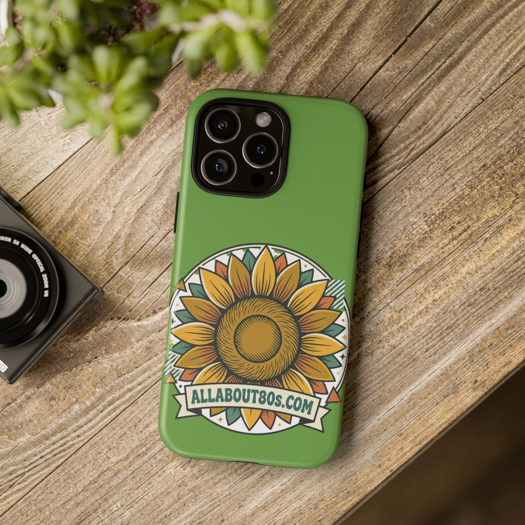 Sunflower Tough Phone Case – Green Floral Protective Case with "AllAbout80s.com" Banner
