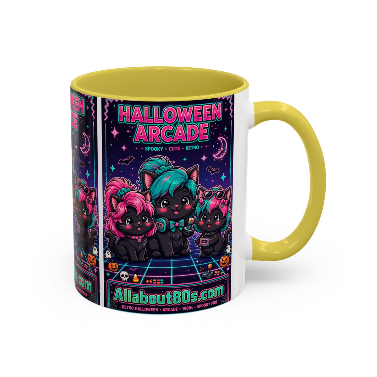 Halloween Arcade Mug — Cute Retro 80s Cat Gamers (11oz/15oz)