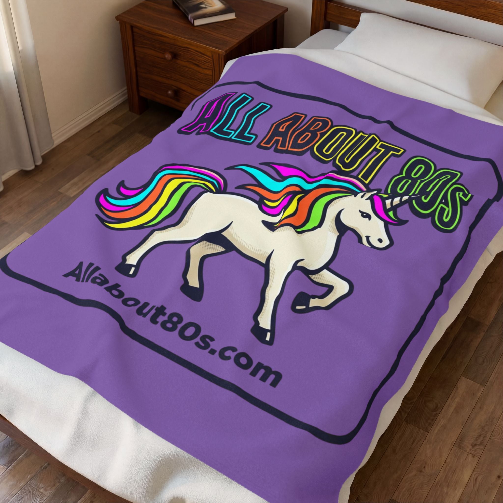 All About 80s Rainbow Unicorn Velveteen Plush Blanket – Retro 80s Cozy Throw