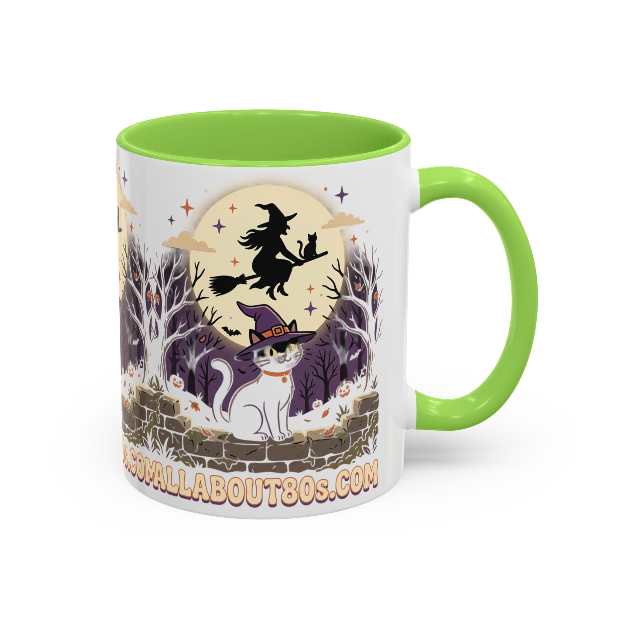 Halloween Cat Witch Mug – Cute Witch Hat Cat with Flying Witch Silhouette (11oz/15oz)