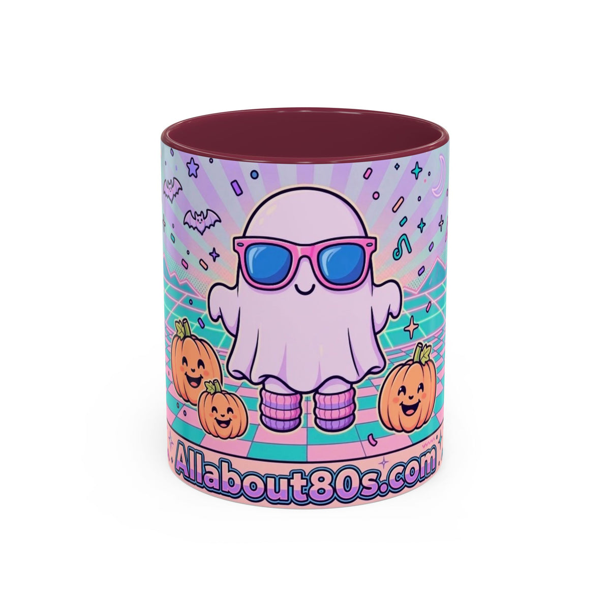 80s Vaporwave Ghost Coffee Mug — Cute Halloween Pumpkin Retro Design (11oz/15oz)