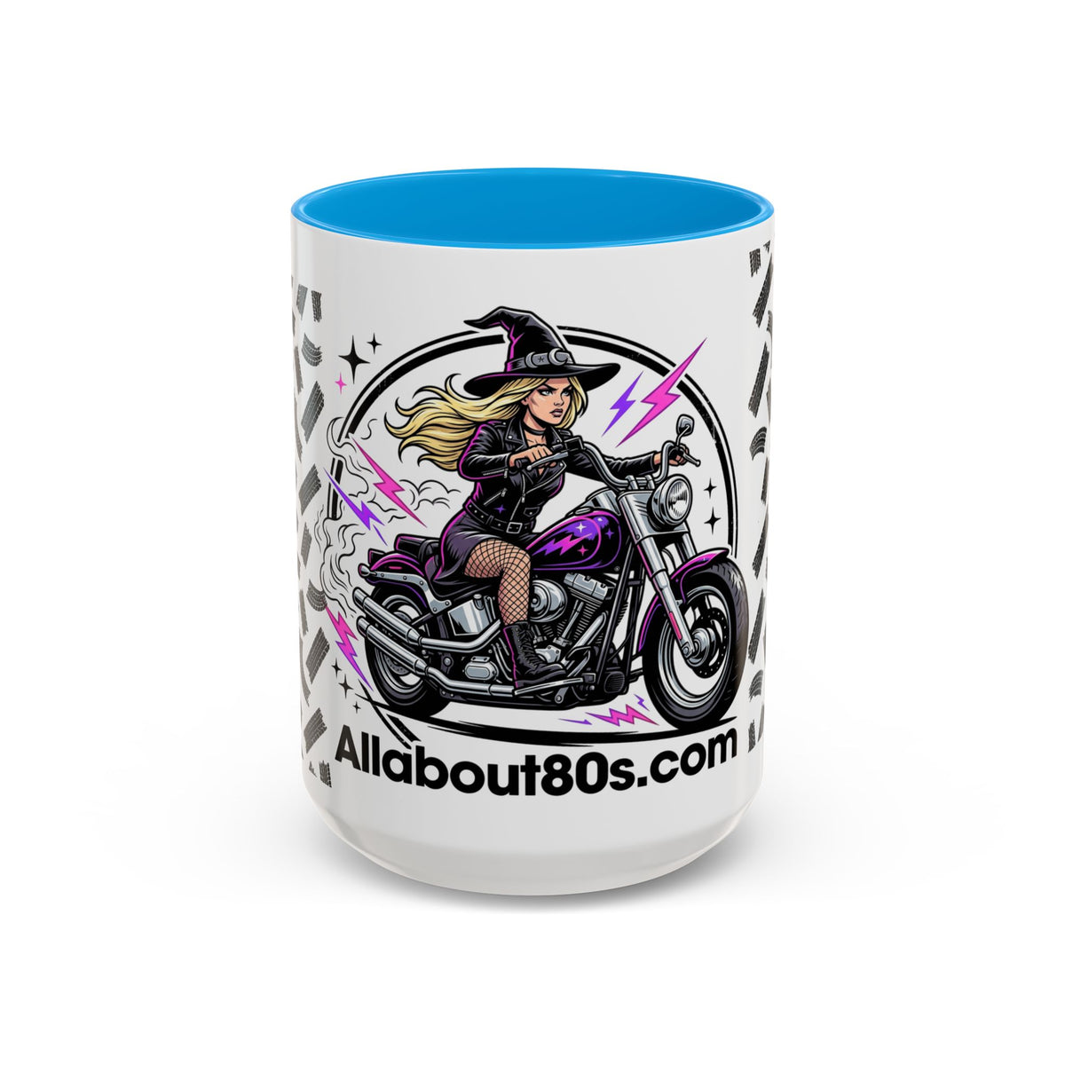 Witch Biker Motorcycle Mug — Retro 80s Neon Witch on Bike Coffee Cup (11oz/15oz)