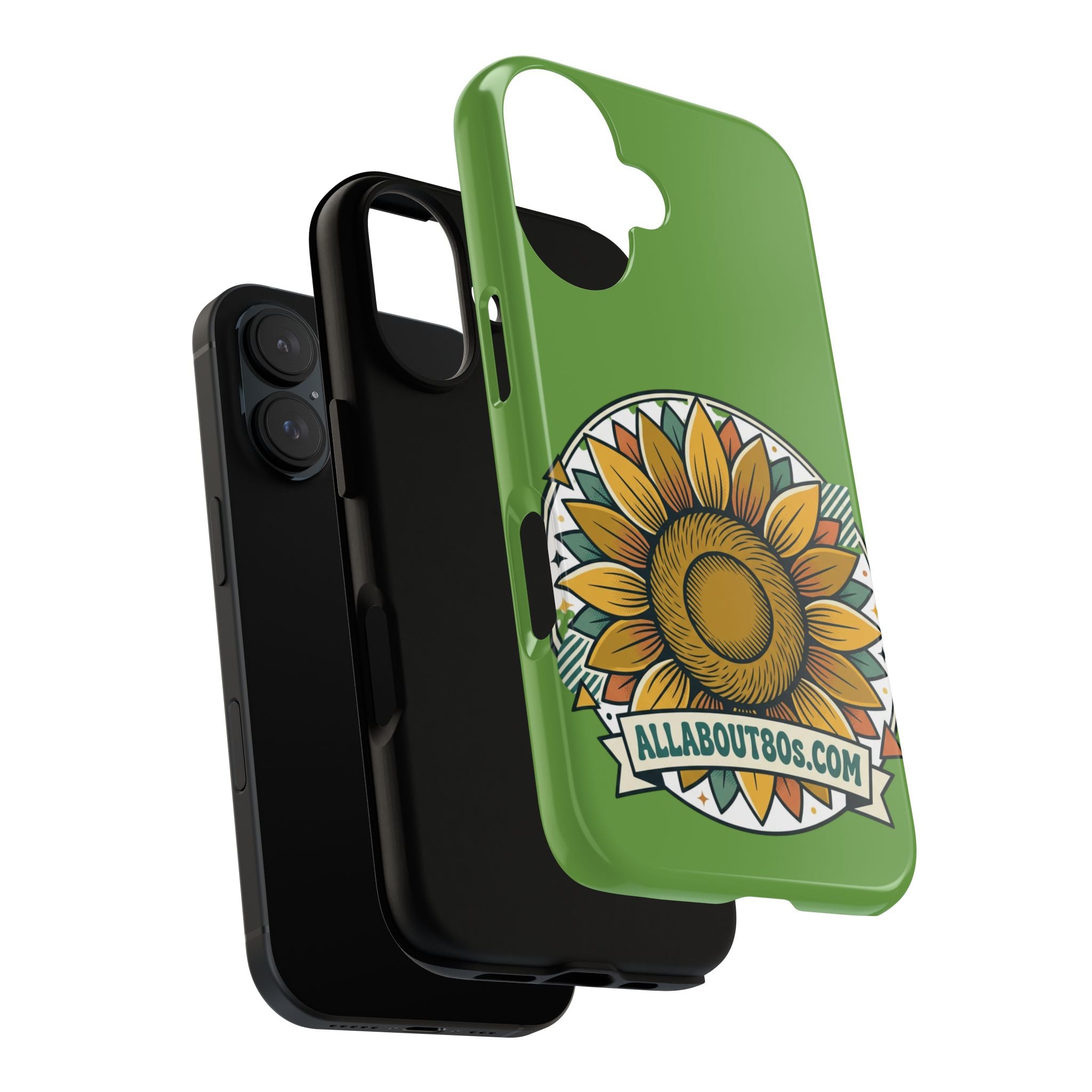 Sunflower Tough Phone Case – Green Floral Protective Case with "AllAbout80s.com" Banner