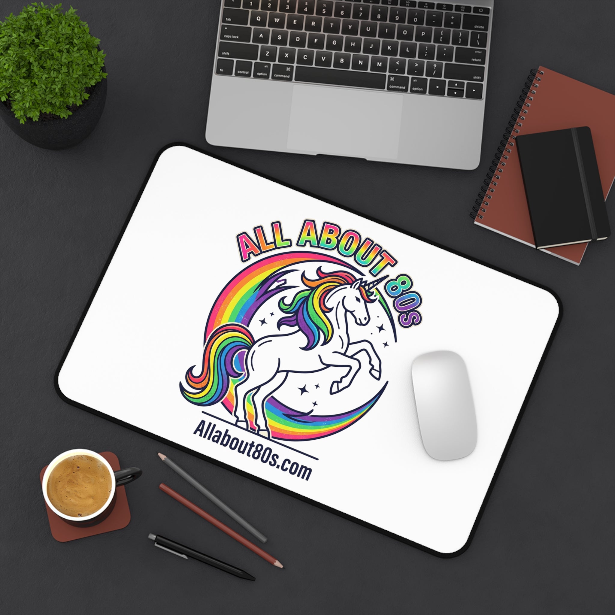 Retro Rainbow Unicorn Desk Mat — "All About 80s" Gaming Mouse Pad