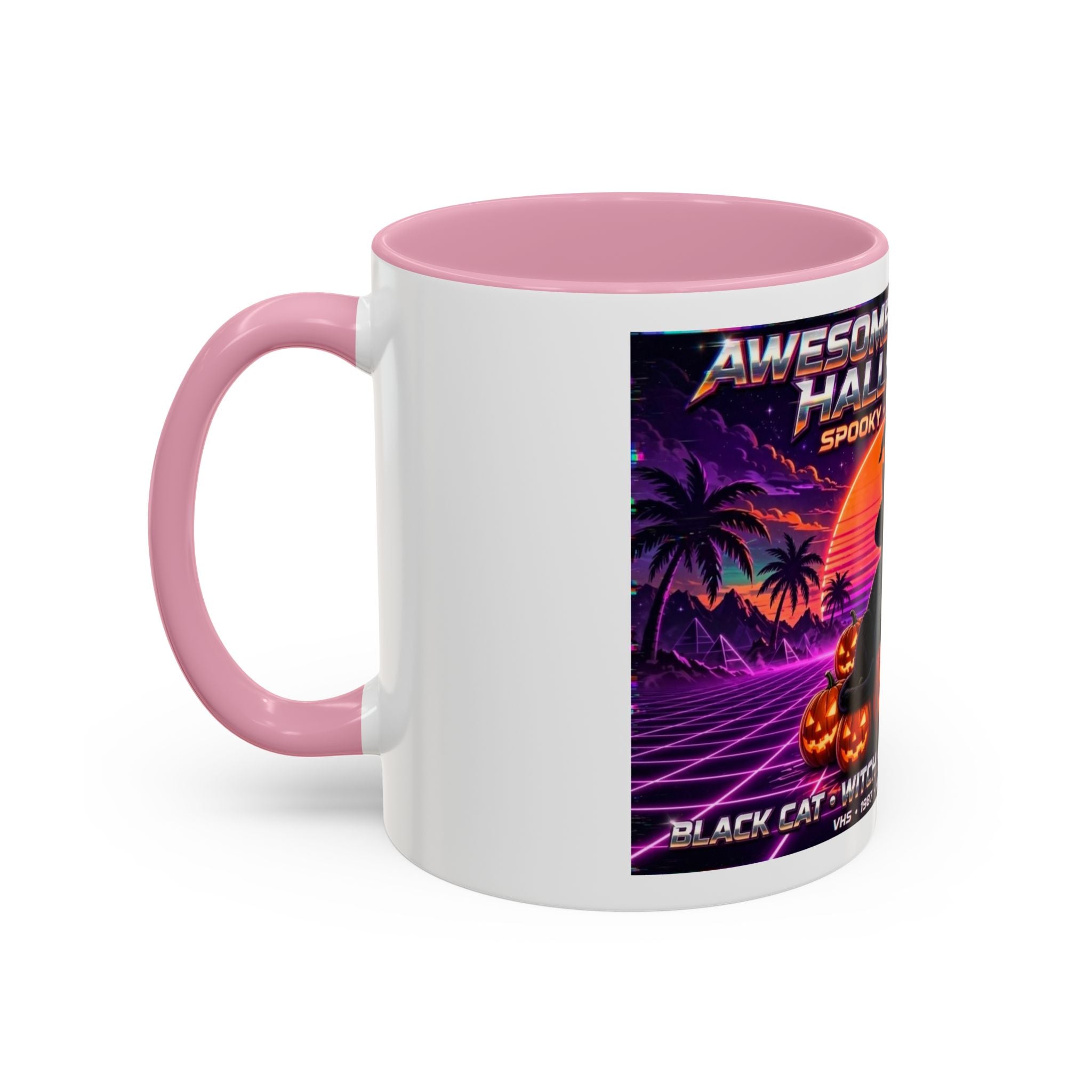 Halloween Retro Cat Mug — Neon 80s Spooky Pumpkin Coffee Cup (11oz/15oz)