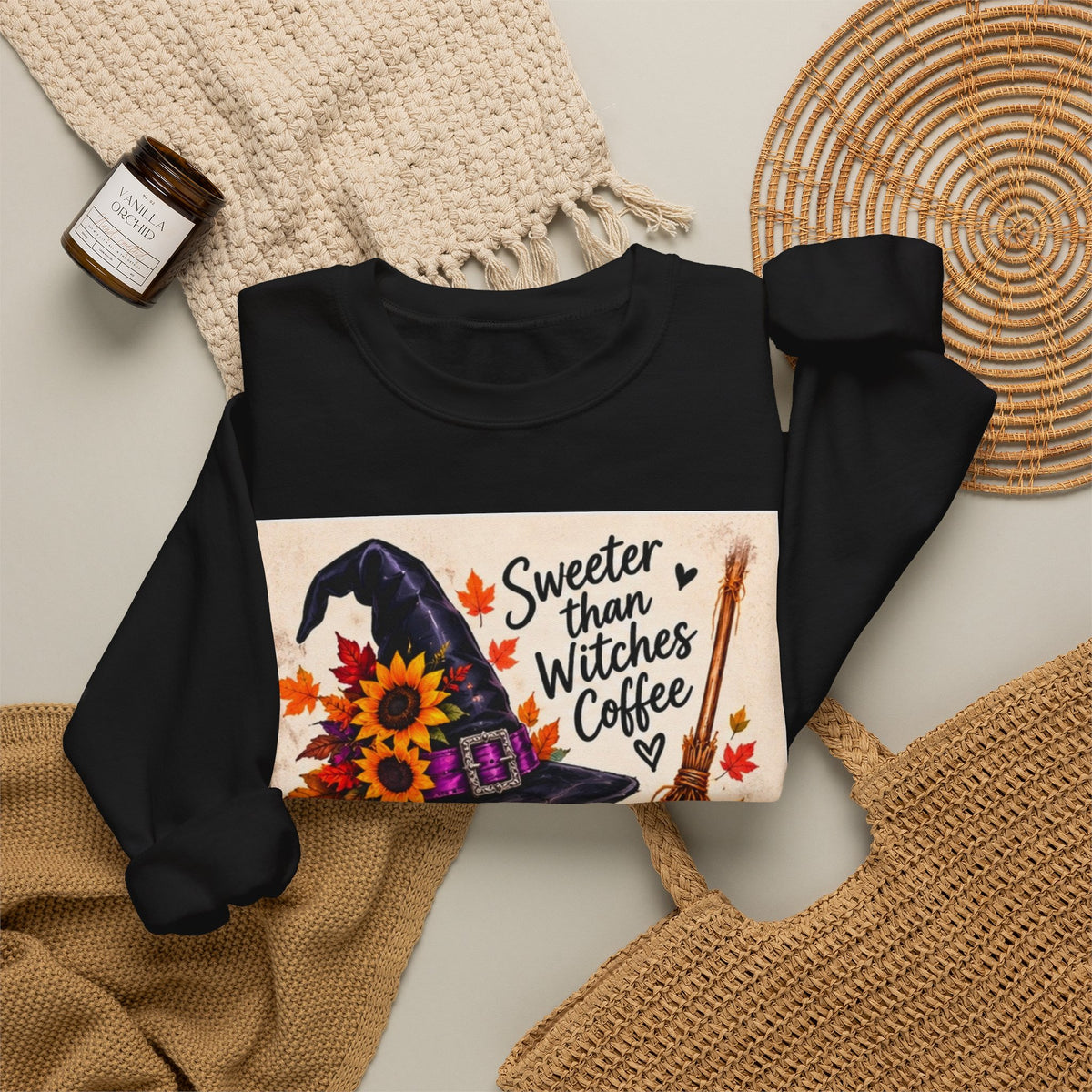 Sweater — 'Sweeter Than Witches Coffee' Halloween Witch Graphic Crewneck Sweatshirt