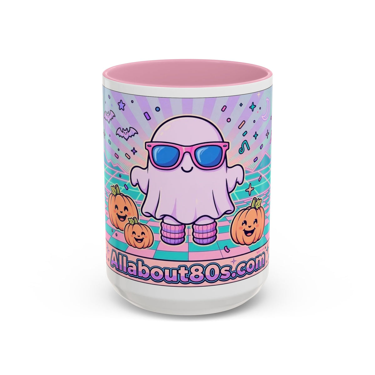 80s Vaporwave Ghost Coffee Mug — Cute Halloween Pumpkin Retro Design (11oz/15oz)