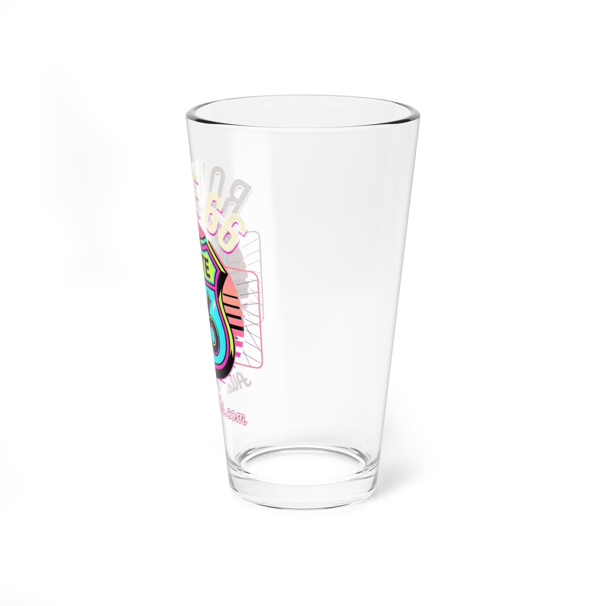 Route 66 Neon Shield Mixing Glass — 16 oz Retro Travel Cocktail Glass