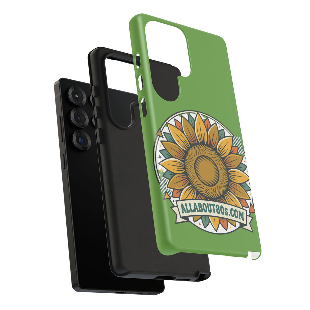 Sunflower Tough Phone Case – Green Floral Protective Case with "AllAbout80s.com" Banner