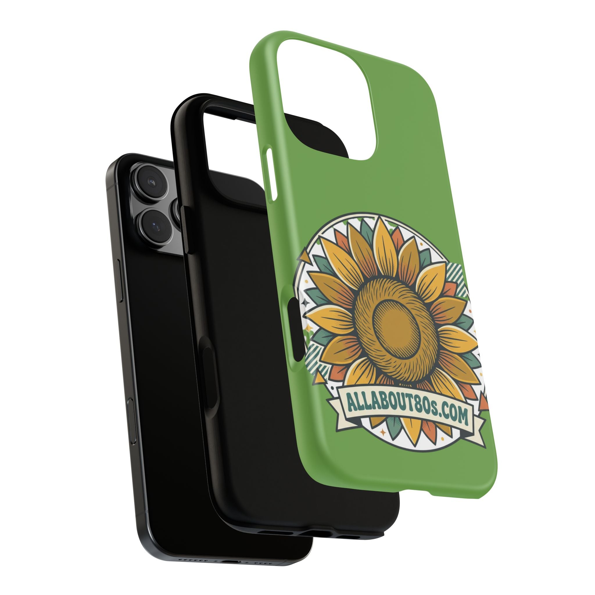 Sunflower Tough Phone Case – Green Floral Protective Case with "AllAbout80s.com" Banner