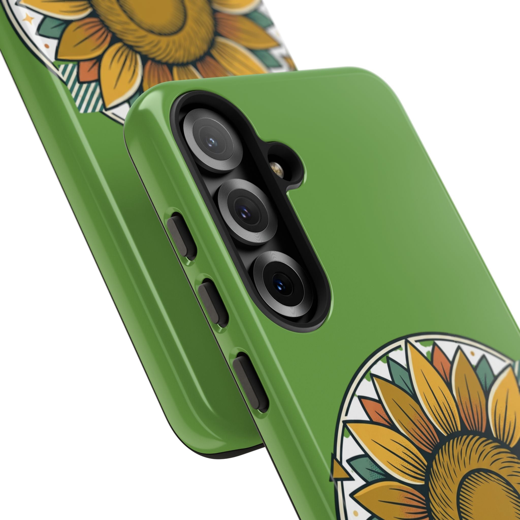 Sunflower Tough Phone Case – Green Floral Protective Case with "AllAbout80s.com" Banner
