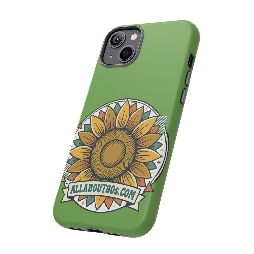 Sunflower Tough Phone Case – Green Floral Protective Case with "AllAbout80s.com" Banner