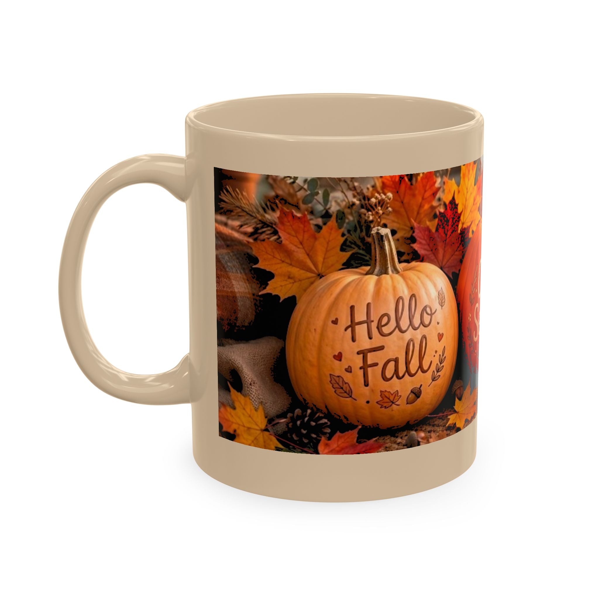 Hello Fall Ceramic Mug — Cozy Pumpkin & Autumn Leaves Coffee Cup