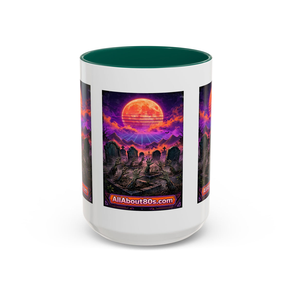 80s Retro Graveyard Sunset Mug — Vaporwave Neon Coffins Coffee Cup (11oz/15oz)