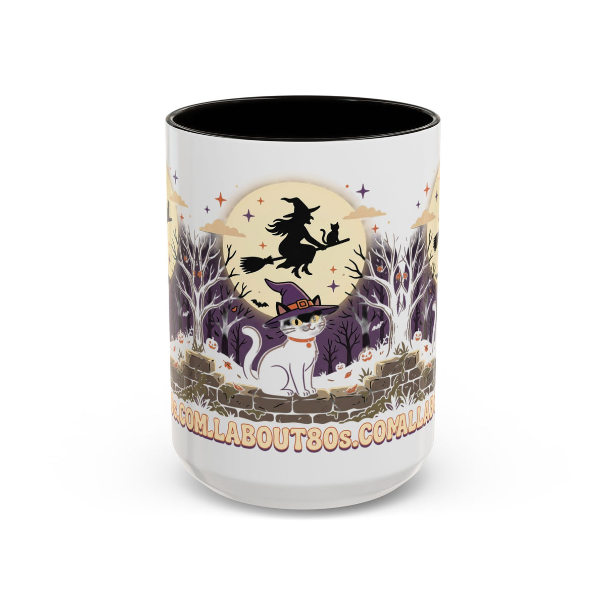 Halloween Cat Witch Mug – Cute Witch Hat Cat with Flying Witch Silhouette (11oz/15oz)