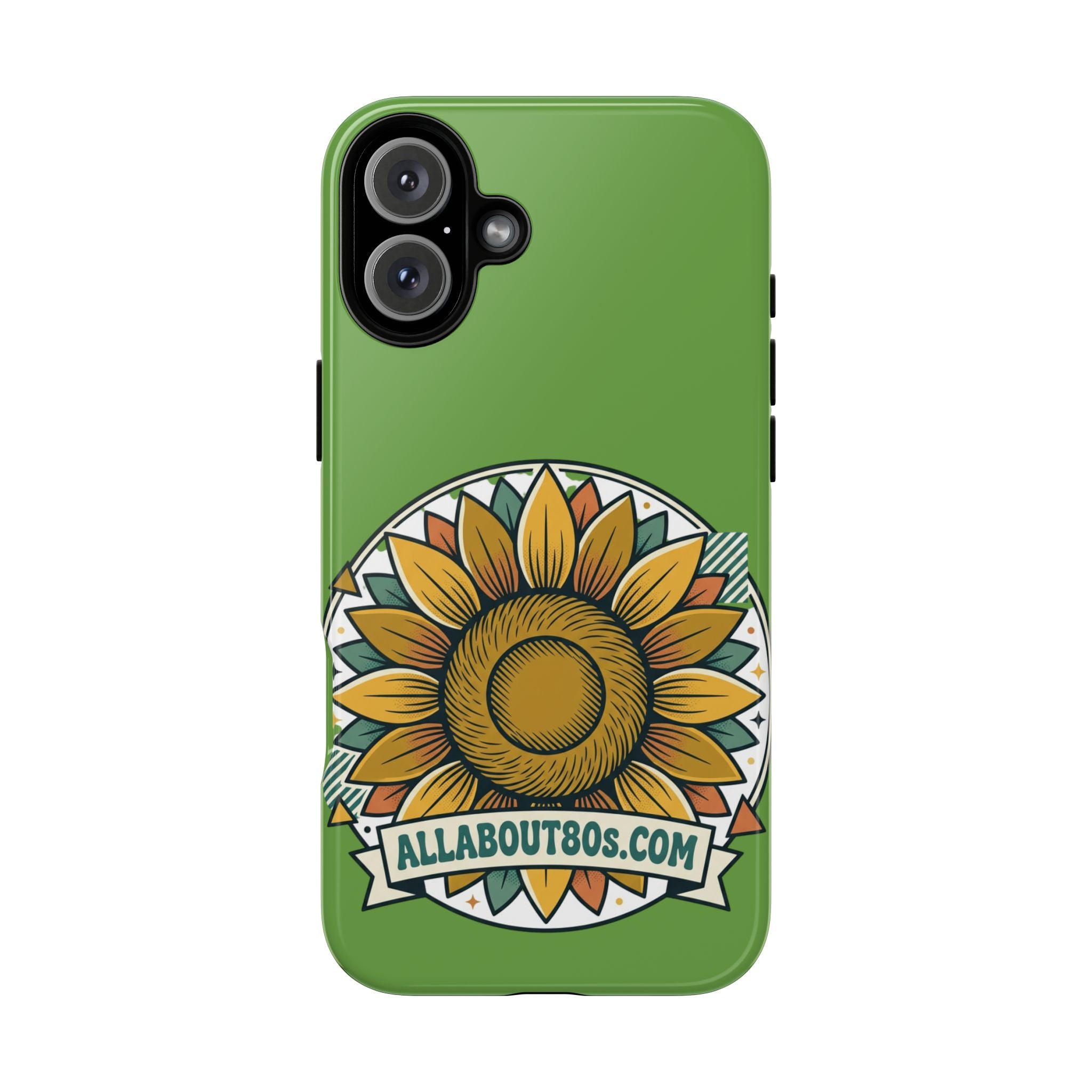 Sunflower Tough Phone Case – Green Floral Protective Case with "AllAbout80s.com" Banner