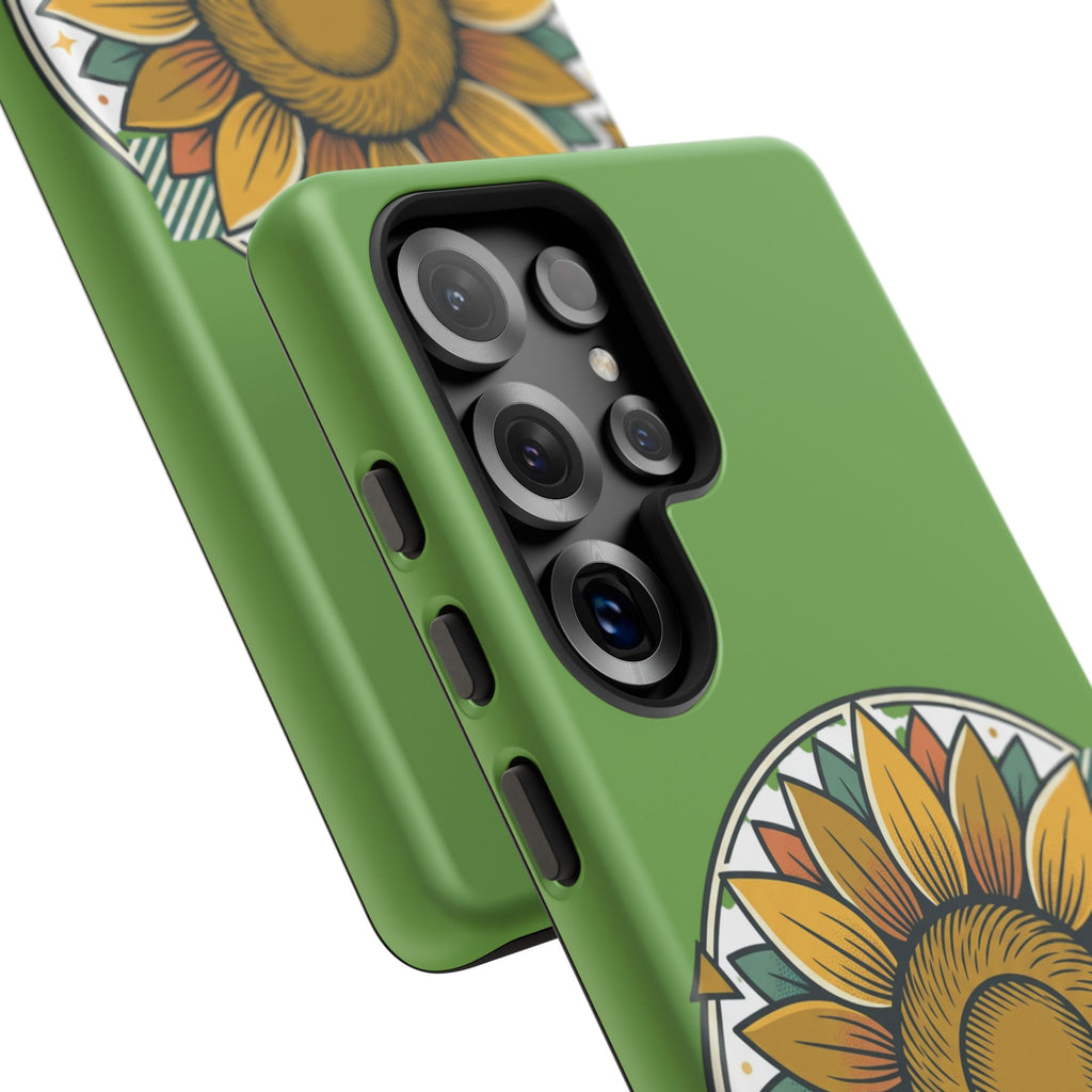 Sunflower Tough Phone Case – Green Floral Protective Case with "AllAbout80s.com" Banner