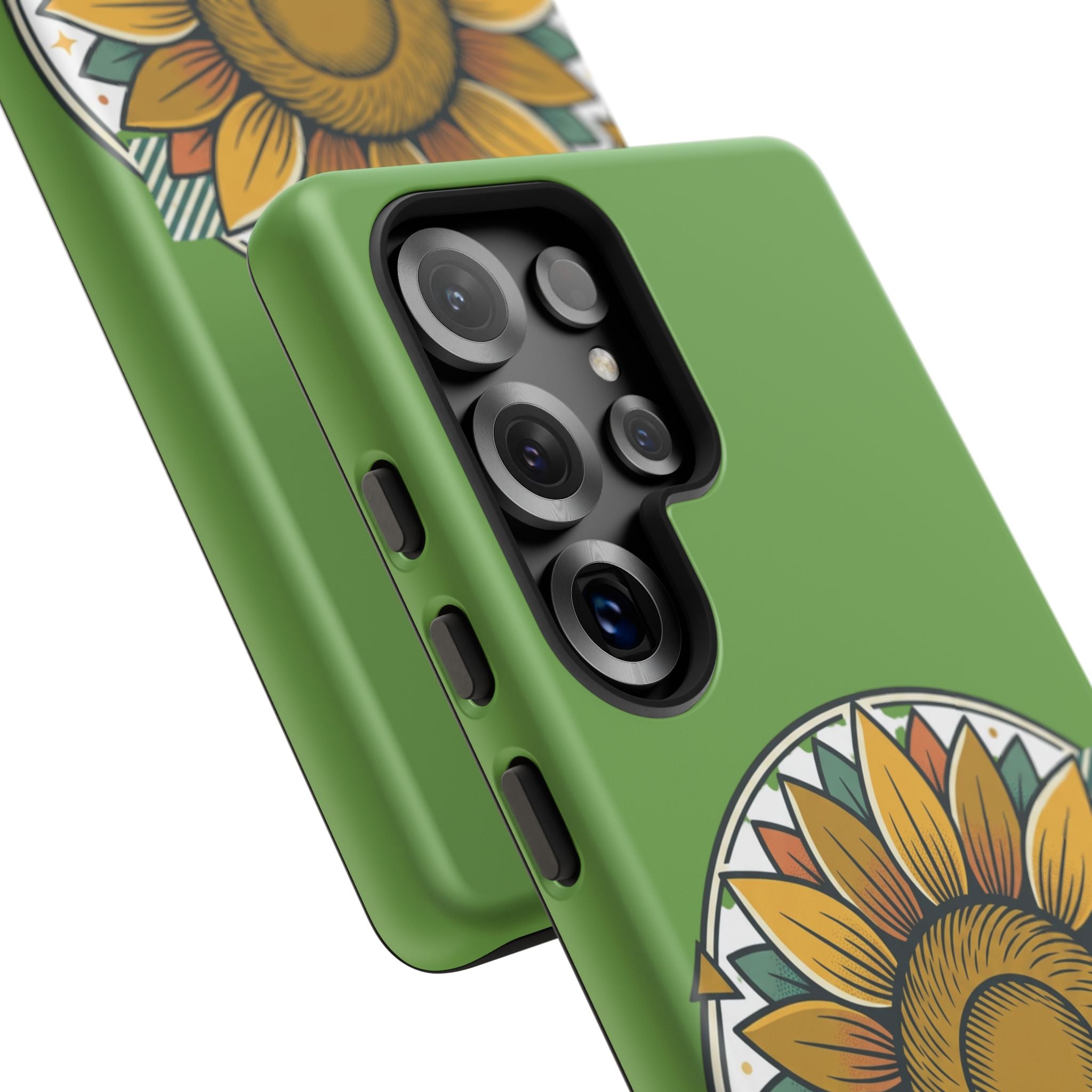 Sunflower Tough Phone Case – Green Floral Protective Case with "AllAbout80s.com" Banner