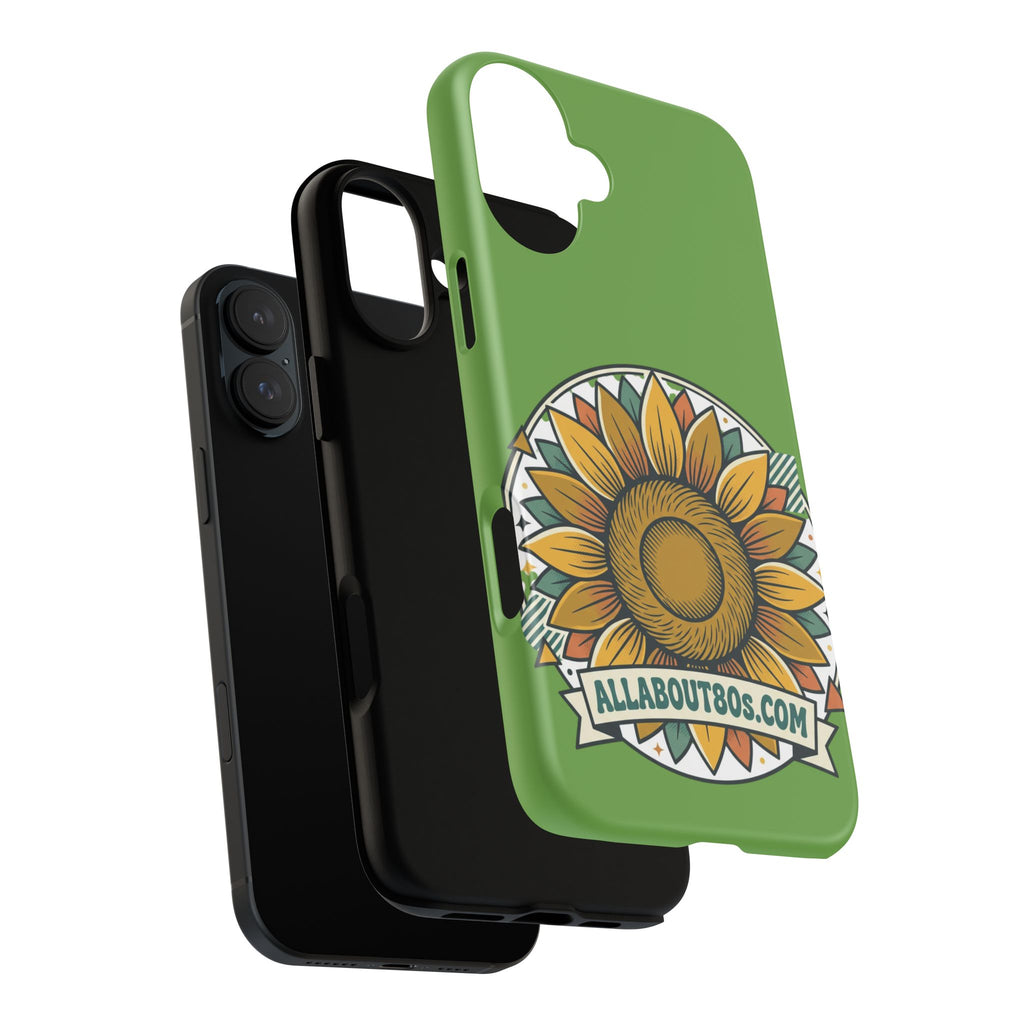 Sunflower Tough Phone Case – Green Floral Protective Case with "AllAbout80s.com" Banner