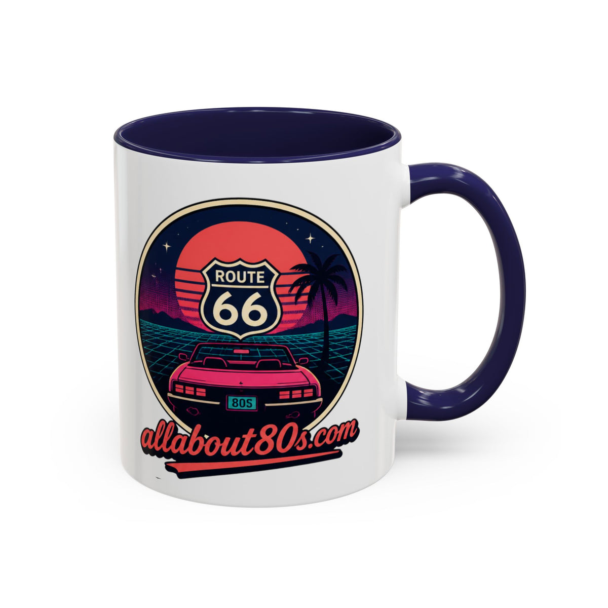 Route 66 Retro 80s Accent Coffee Mug — 'allabout80s' Vintage Sunset Design (11/15oz)
