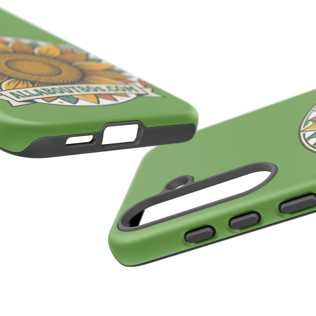 Sunflower Tough Phone Case – Green Floral Protective Case with "AllAbout80s.com" Banner