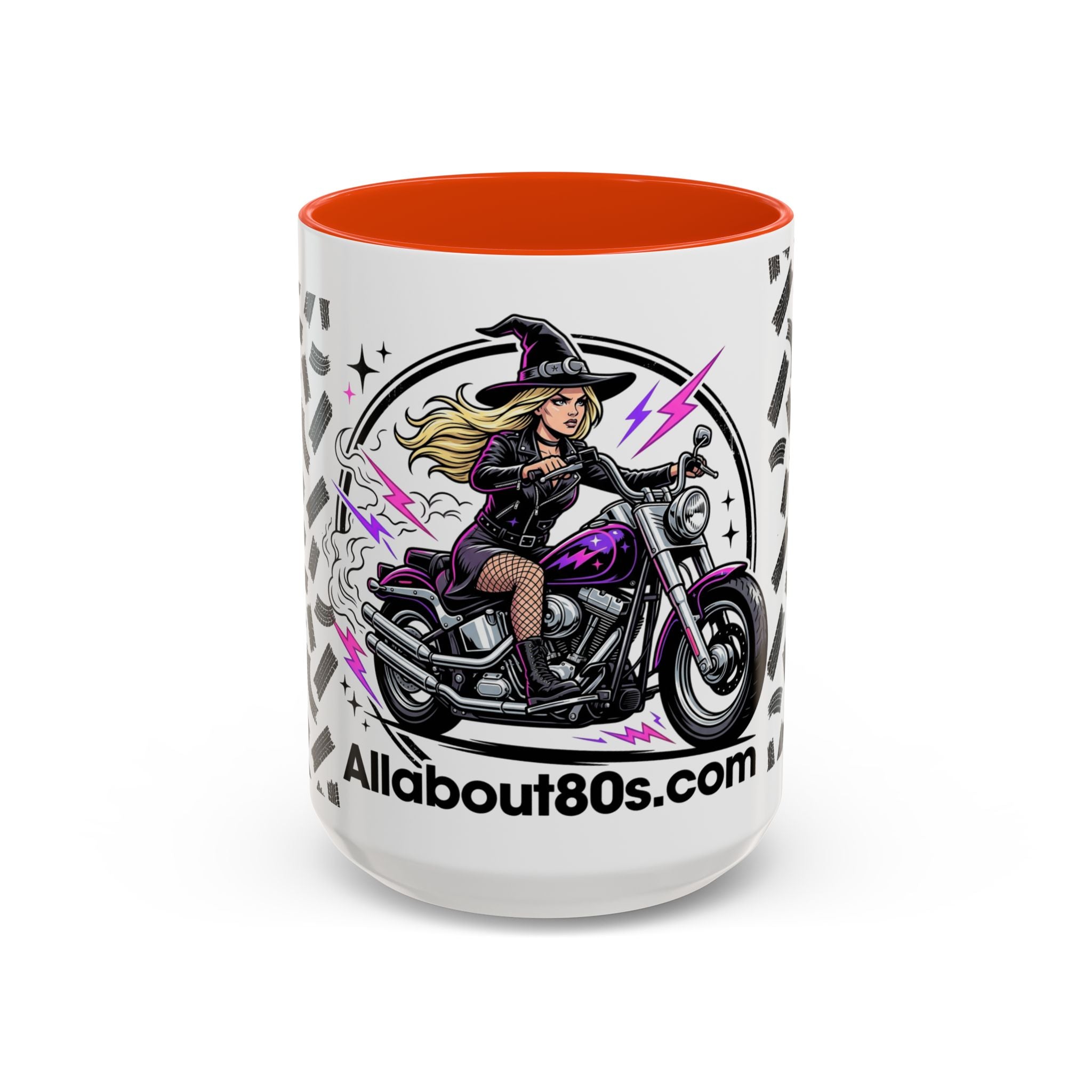Witch Biker Motorcycle Mug — Retro 80s Neon Witch on Bike Coffee Cup (11oz/15oz)
