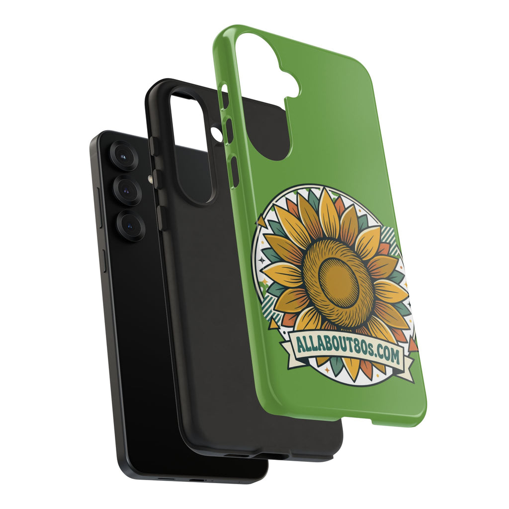 Sunflower Tough Phone Case – Green Floral Protective Case with "AllAbout80s.com" Banner