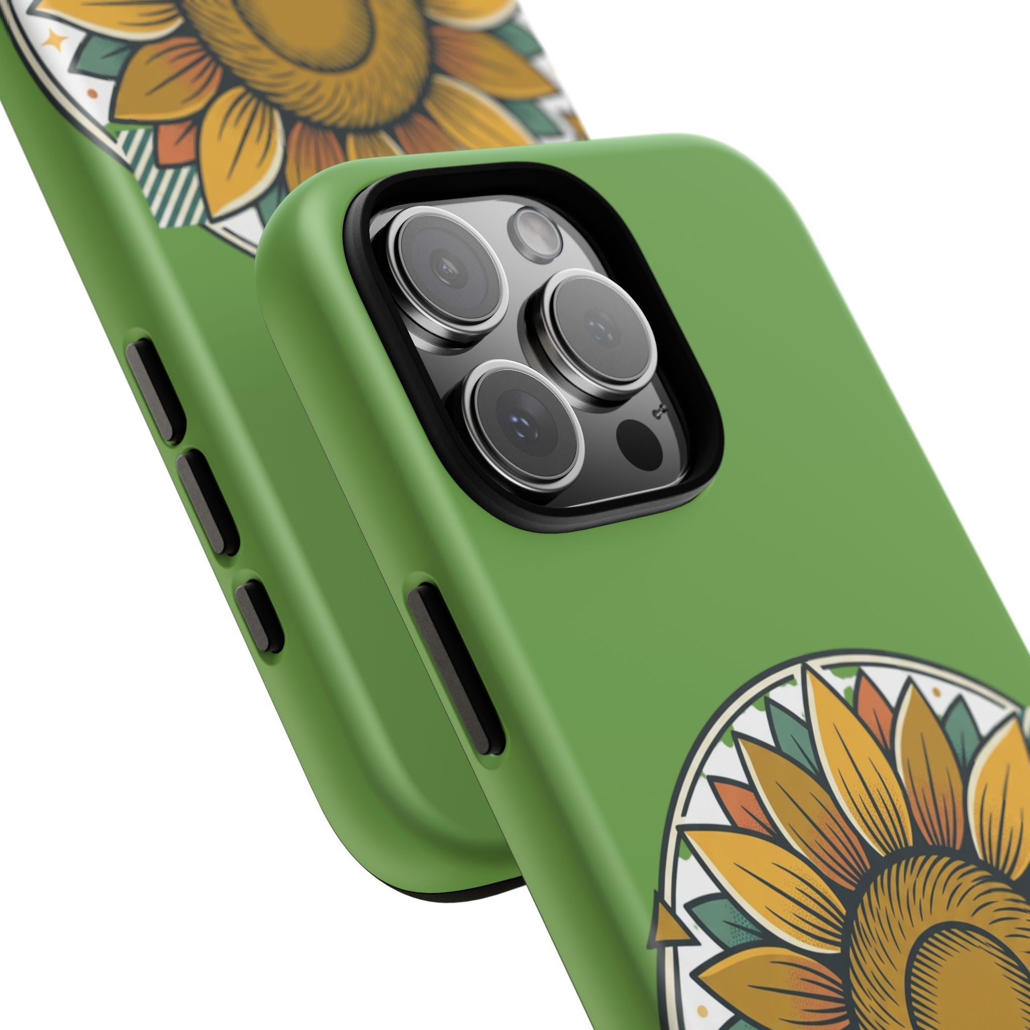 Sunflower Tough Phone Case – Green Floral Protective Case with "AllAbout80s.com" Banner