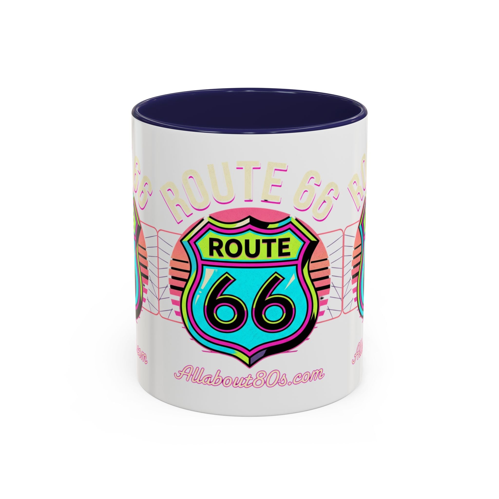 Route 66 Neon Shield Accent Coffee Mug — Retro Road Trip Travel Gift (11/15 oz)
