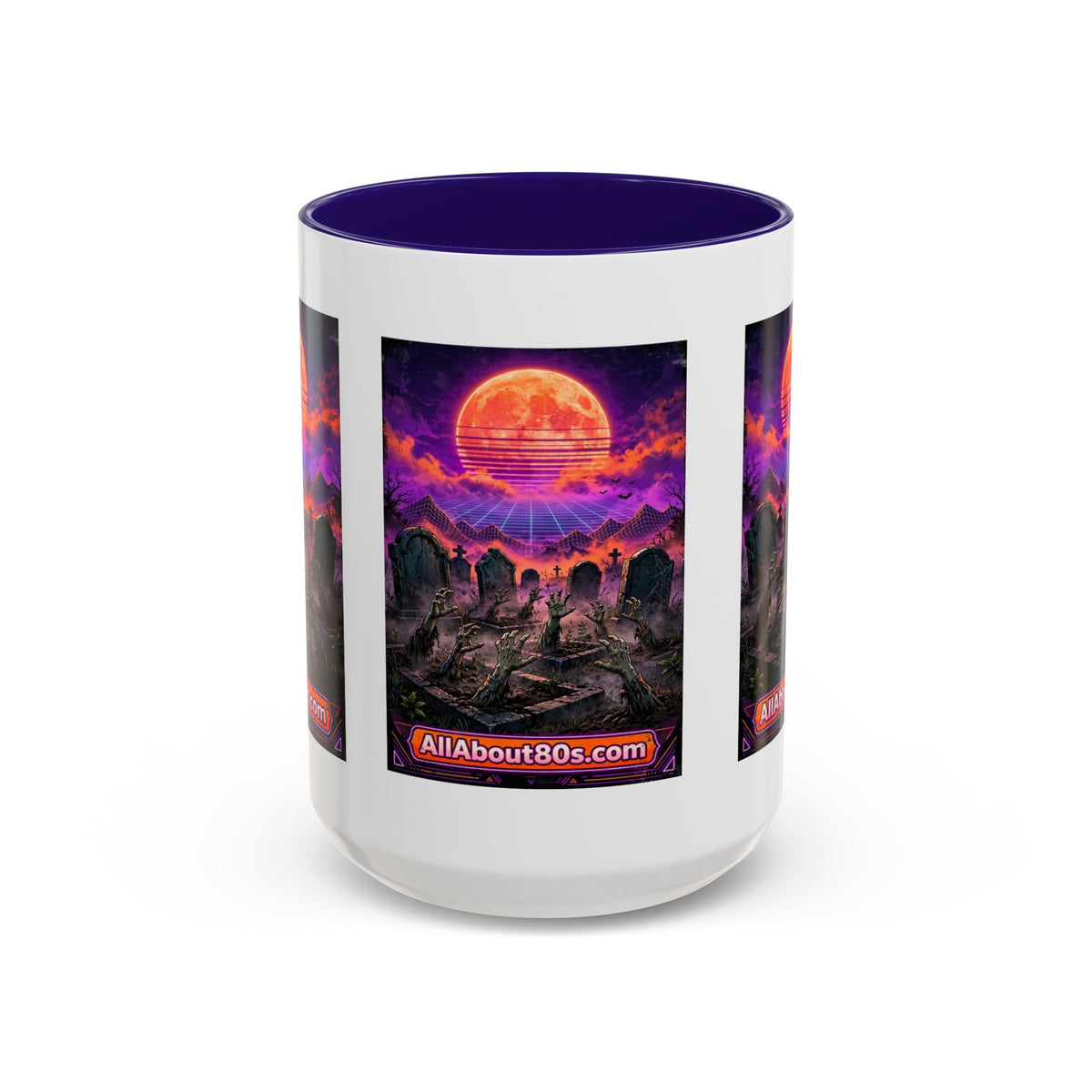 80s Retro Graveyard Sunset Mug — Vaporwave Neon Coffins Coffee Cup (11oz/15oz)