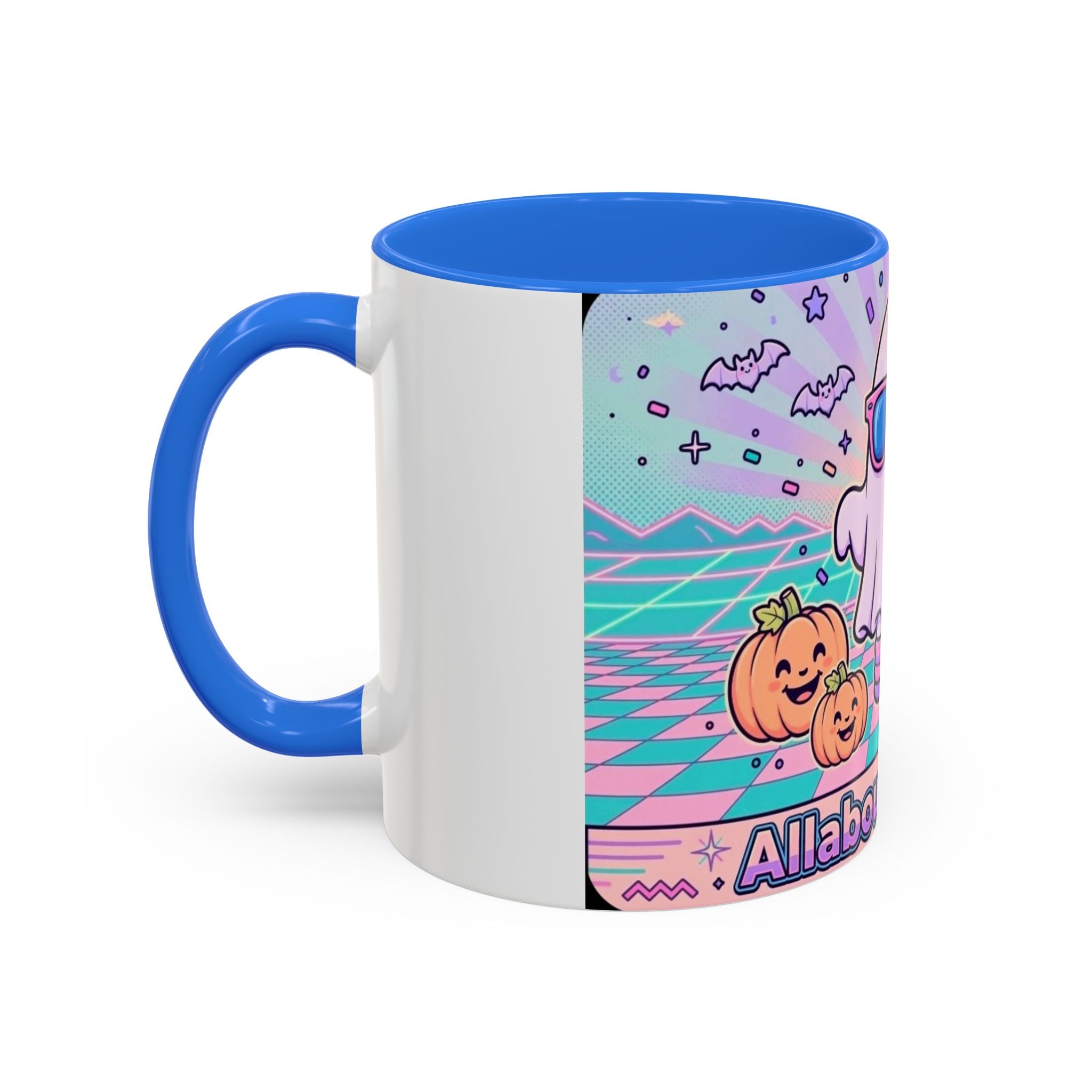 80s Vaporwave Ghost Coffee Mug — Cute Halloween Pumpkin Retro Design (11oz/15oz)