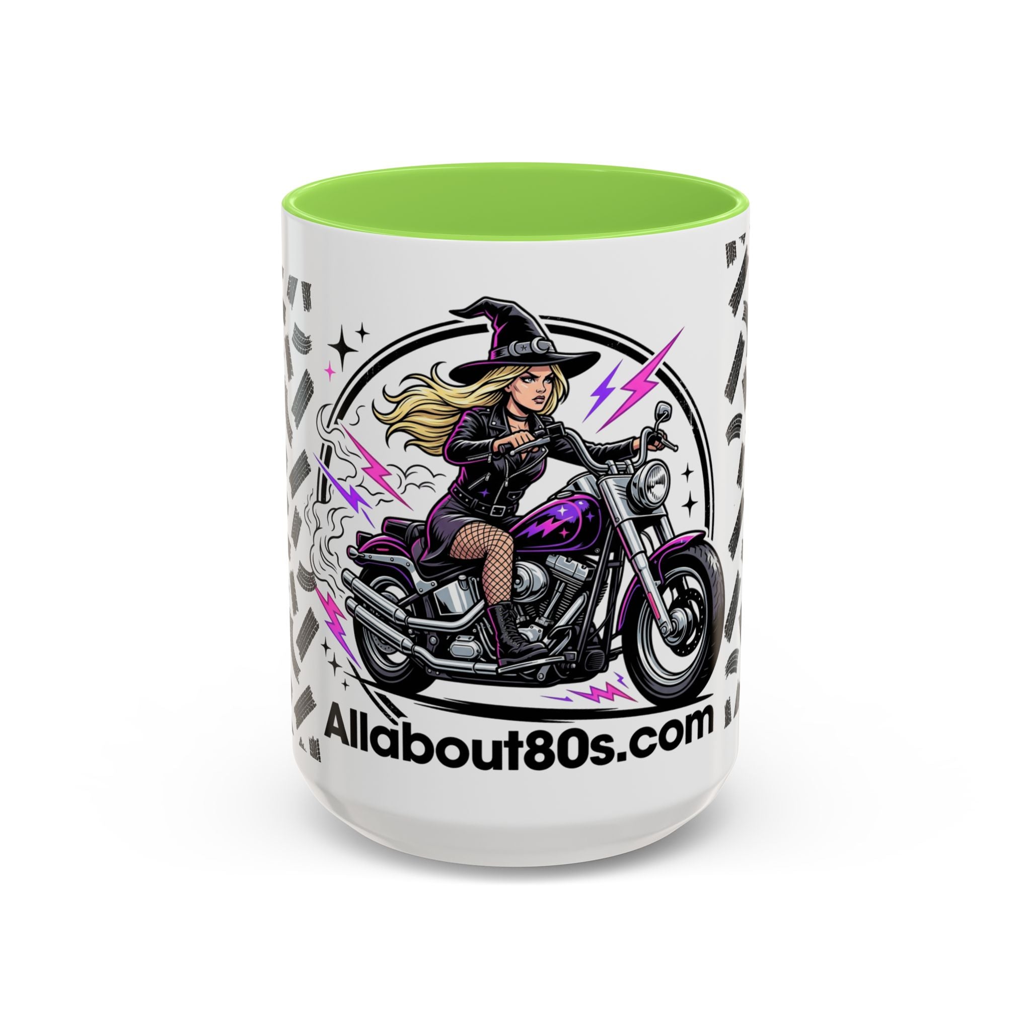 Witch Biker Motorcycle Mug — Retro 80s Neon Witch on Bike Coffee Cup (11oz/15oz)