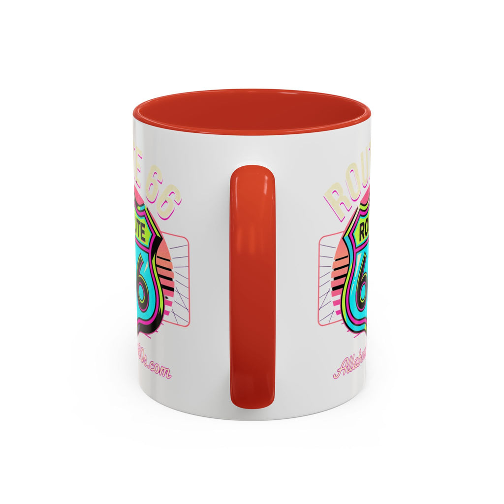 Route 66 Neon Shield Accent Coffee Mug — Retro Road Trip Travel Gift (11/15 oz)
