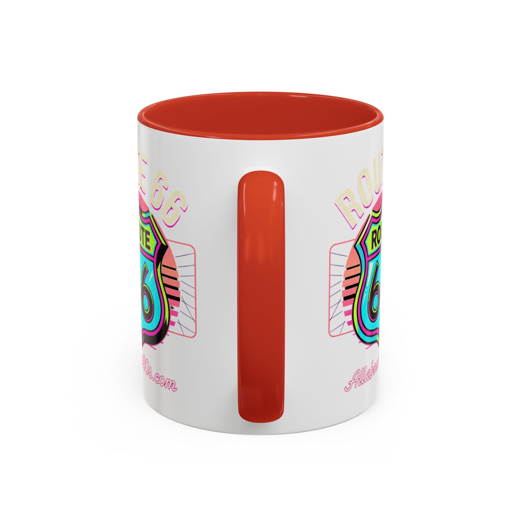 Route 66 Neon Shield Accent Coffee Mug — Retro Road Trip Travel Gift (11/15 oz)
