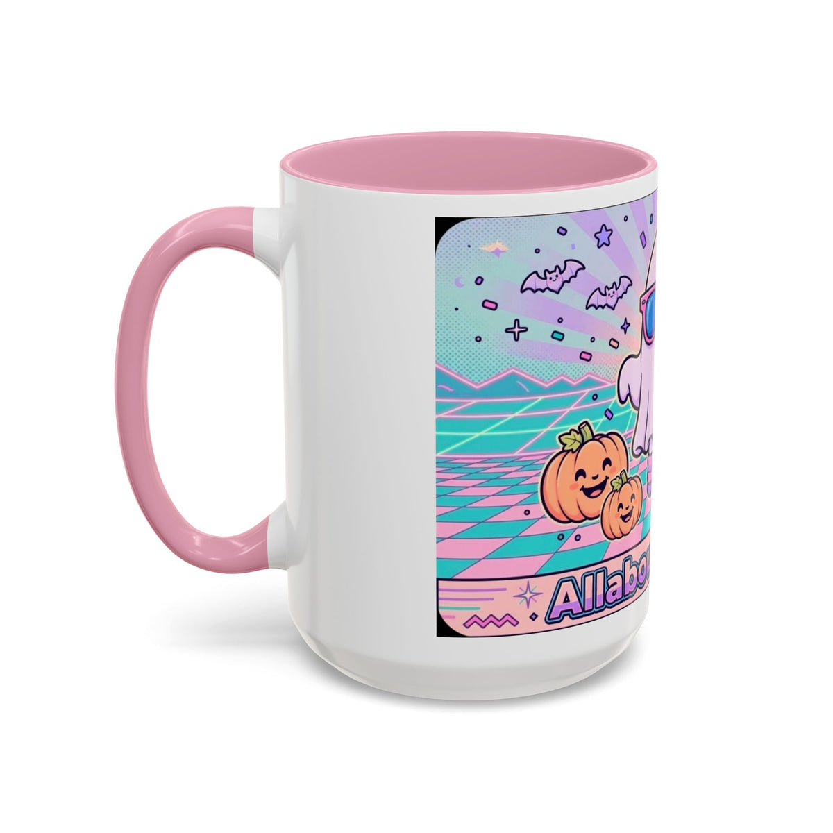 80s Vaporwave Ghost Coffee Mug — Cute Halloween Pumpkin Retro Design (11oz/15oz)