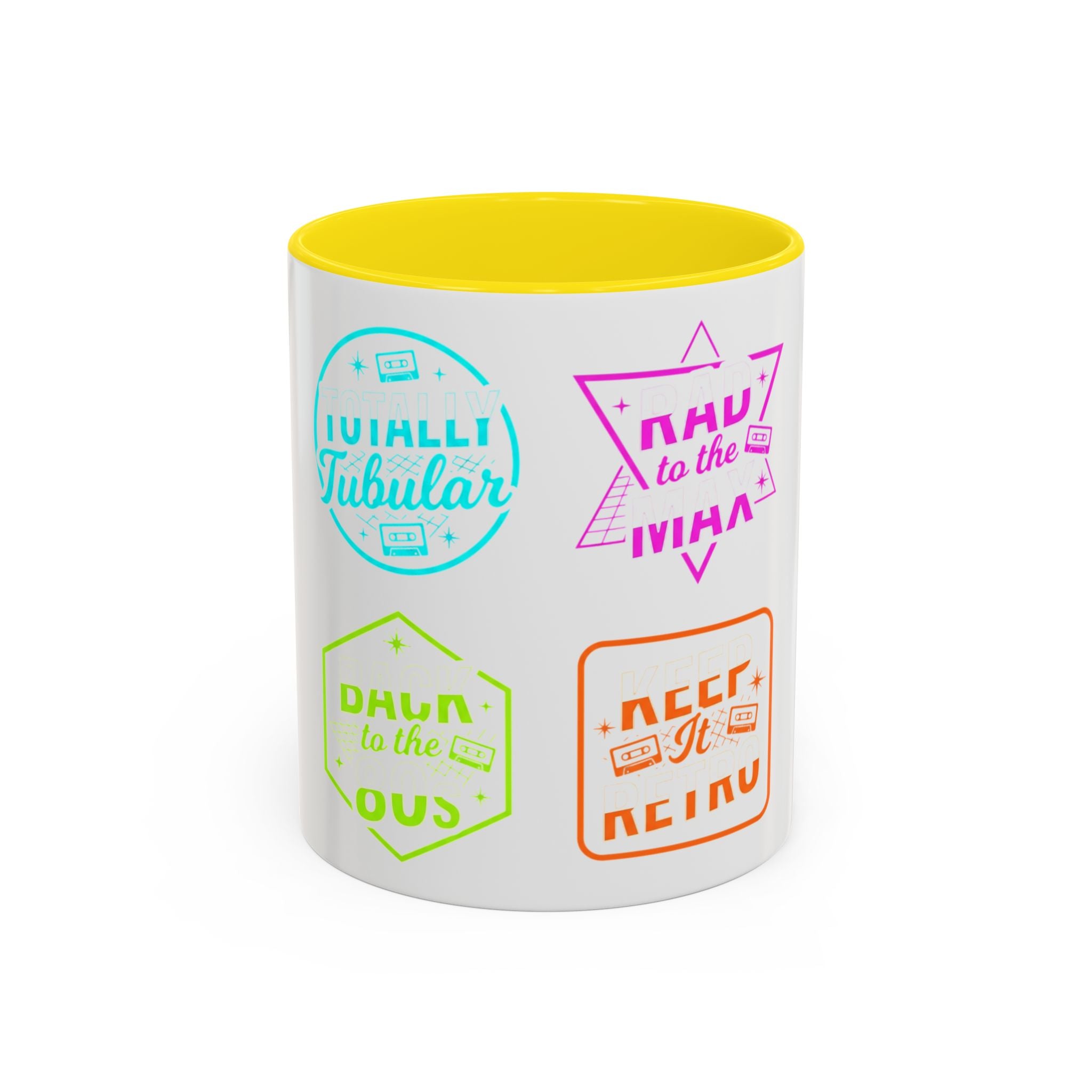 Retro Gamer Badge Accent Coffee Mug — Neon 'Totally Tubular' & 80s Gamer Icons (11/15oz)