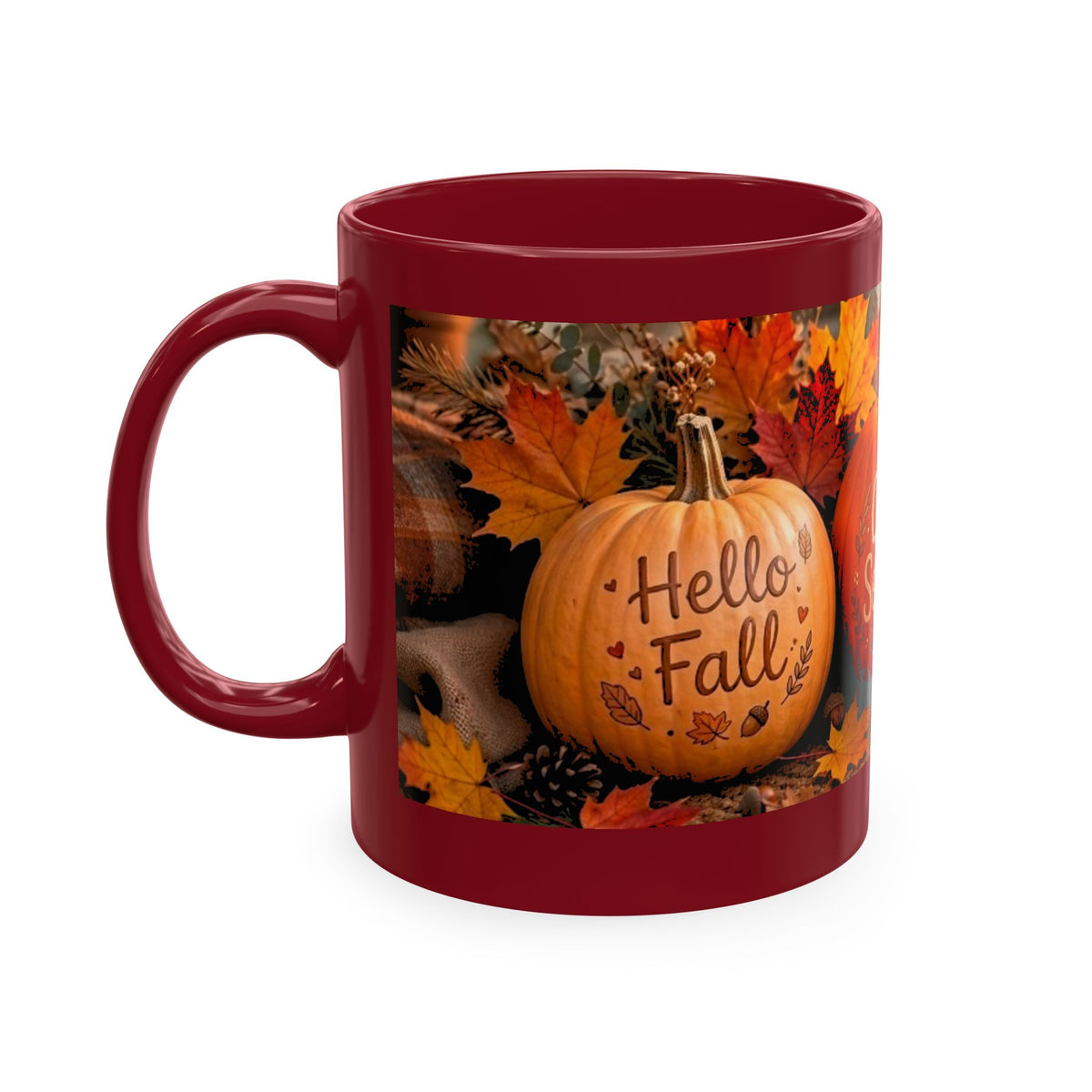 Hello Fall Ceramic Mug — Cozy Pumpkin & Autumn Leaves Coffee Cup