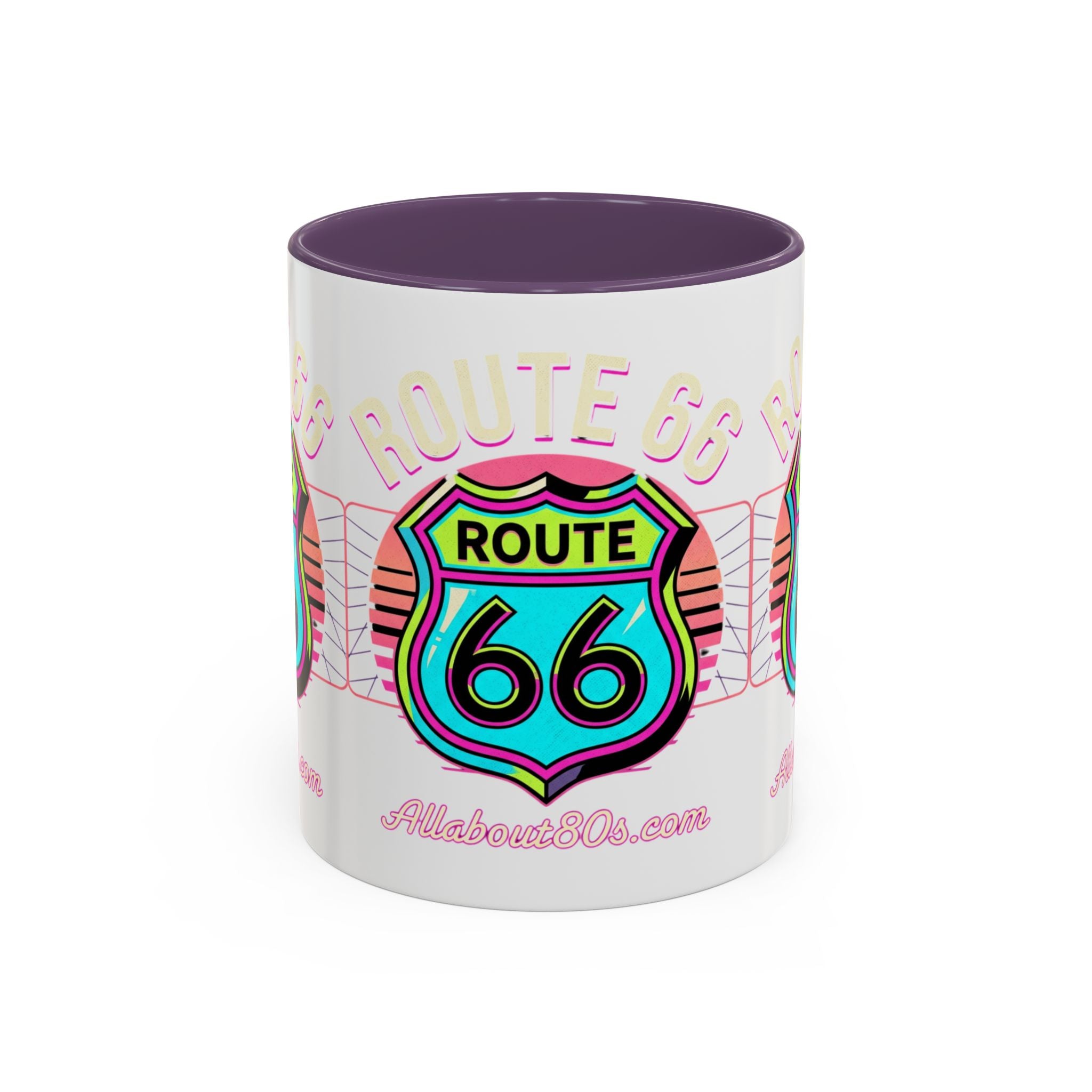 Route 66 Neon Shield Accent Coffee Mug — Retro Road Trip Travel Gift (11/15 oz)