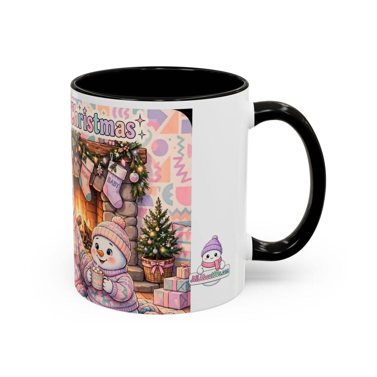 Cute Snowman Christmas Mug — 'All About 80s Christmas' Colorful Holiday Coffee Cup (11oz/15oz)