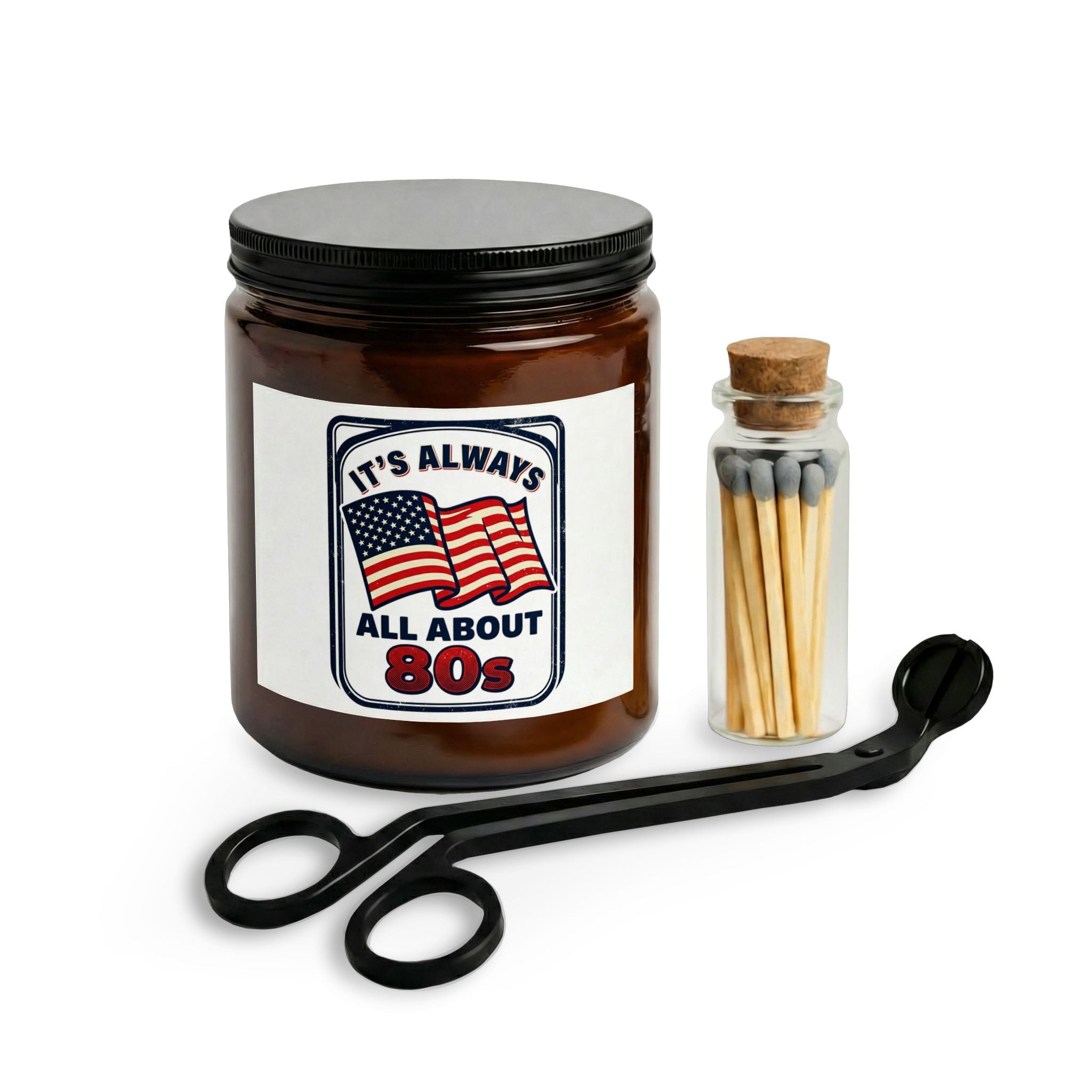 80s Retro Flag Candle Set — "It's Always All About 80s" with Matches & Wick Trimmer