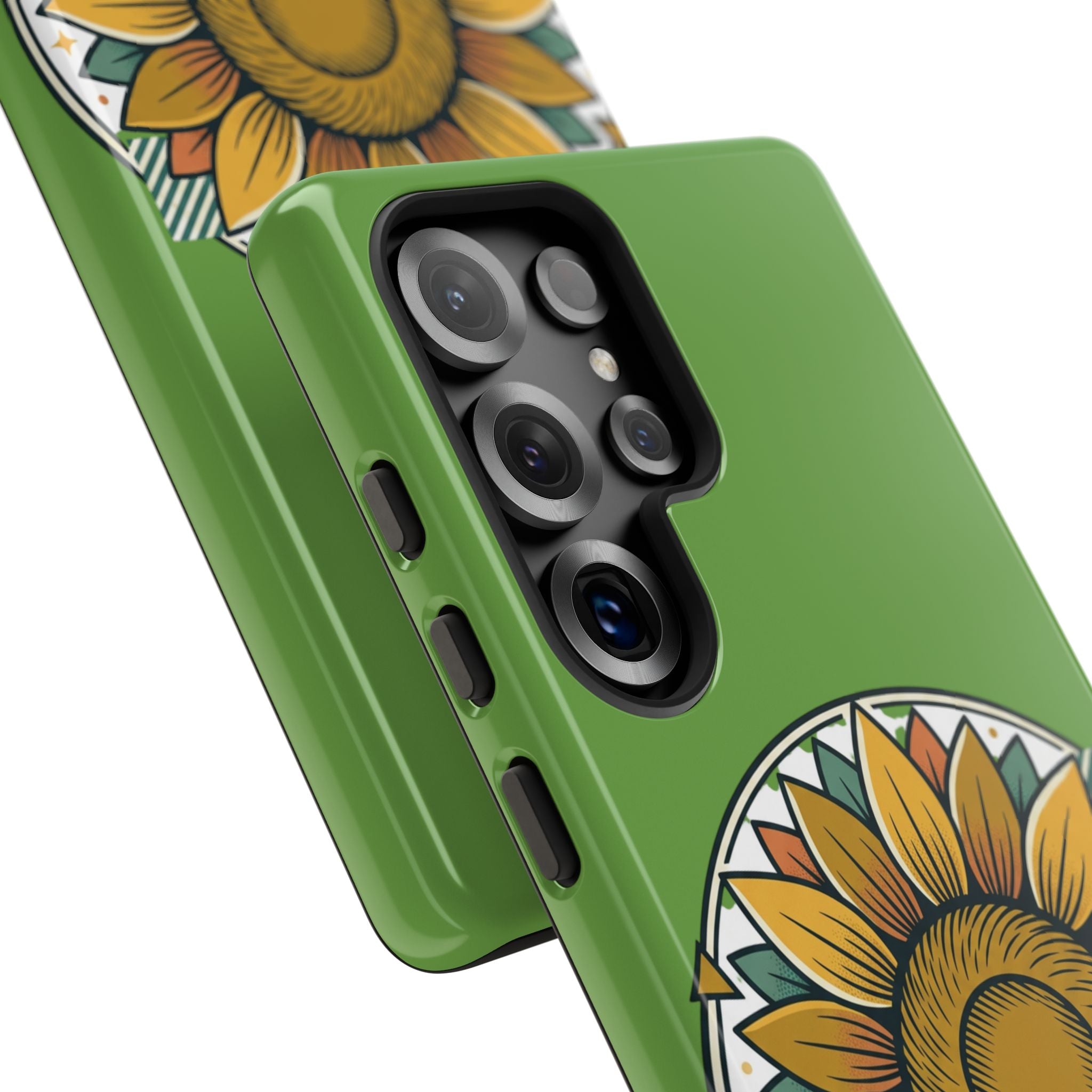 Sunflower Tough Phone Case – Green Floral Protective Case with "AllAbout80s.com" Banner