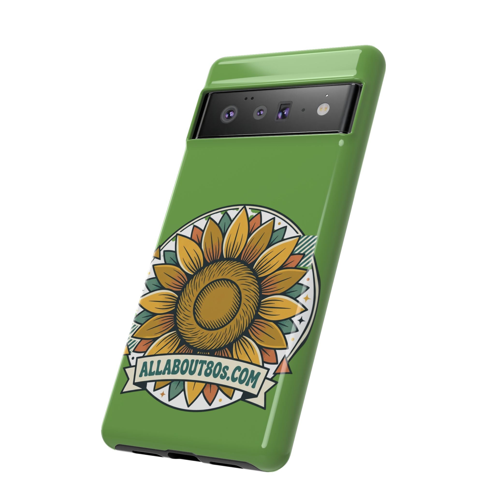 Sunflower Tough Phone Case – Green Floral Protective Case with "AllAbout80s.com" Banner