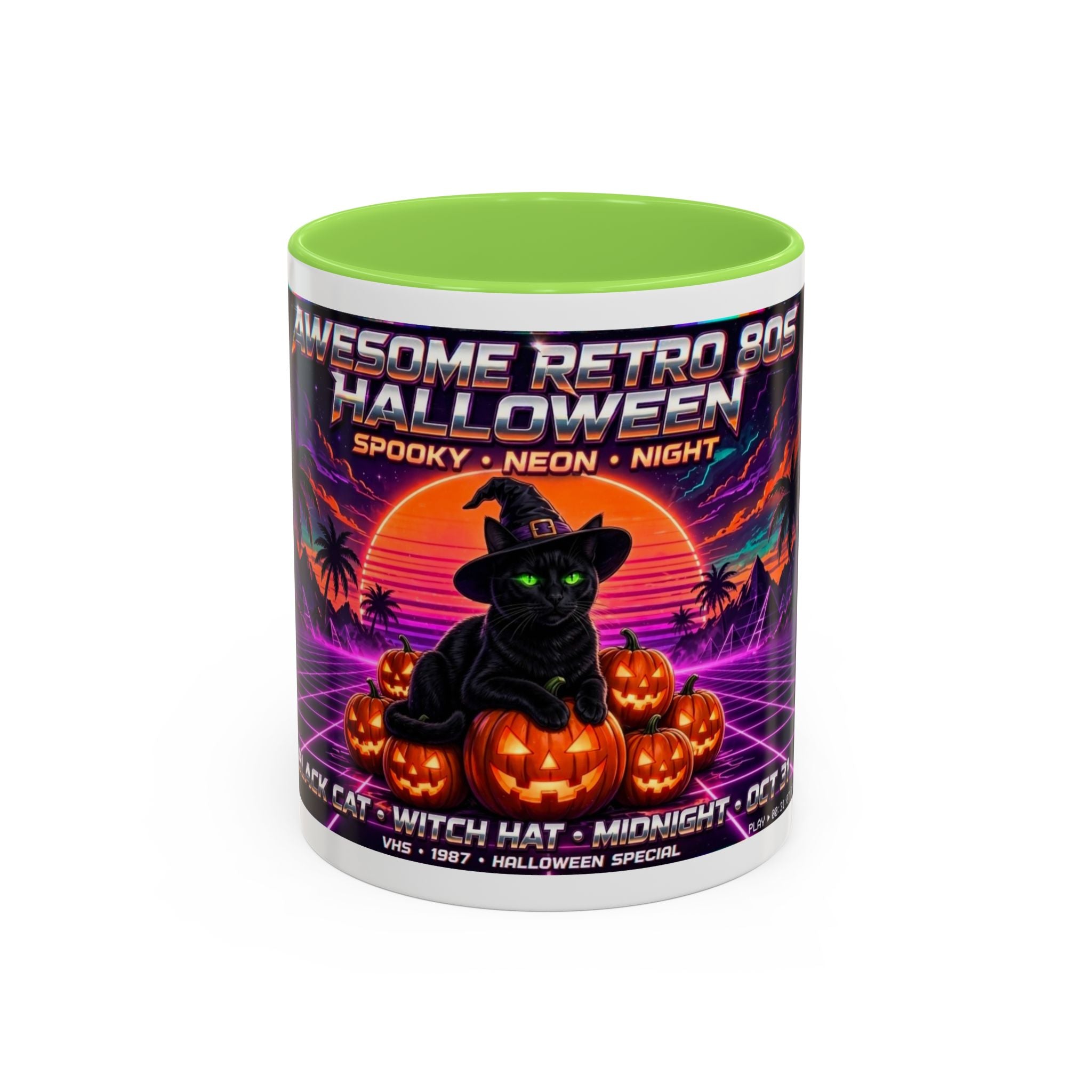 Halloween Retro Cat Mug — Neon 80s Spooky Pumpkin Coffee Cup (11oz/15oz)