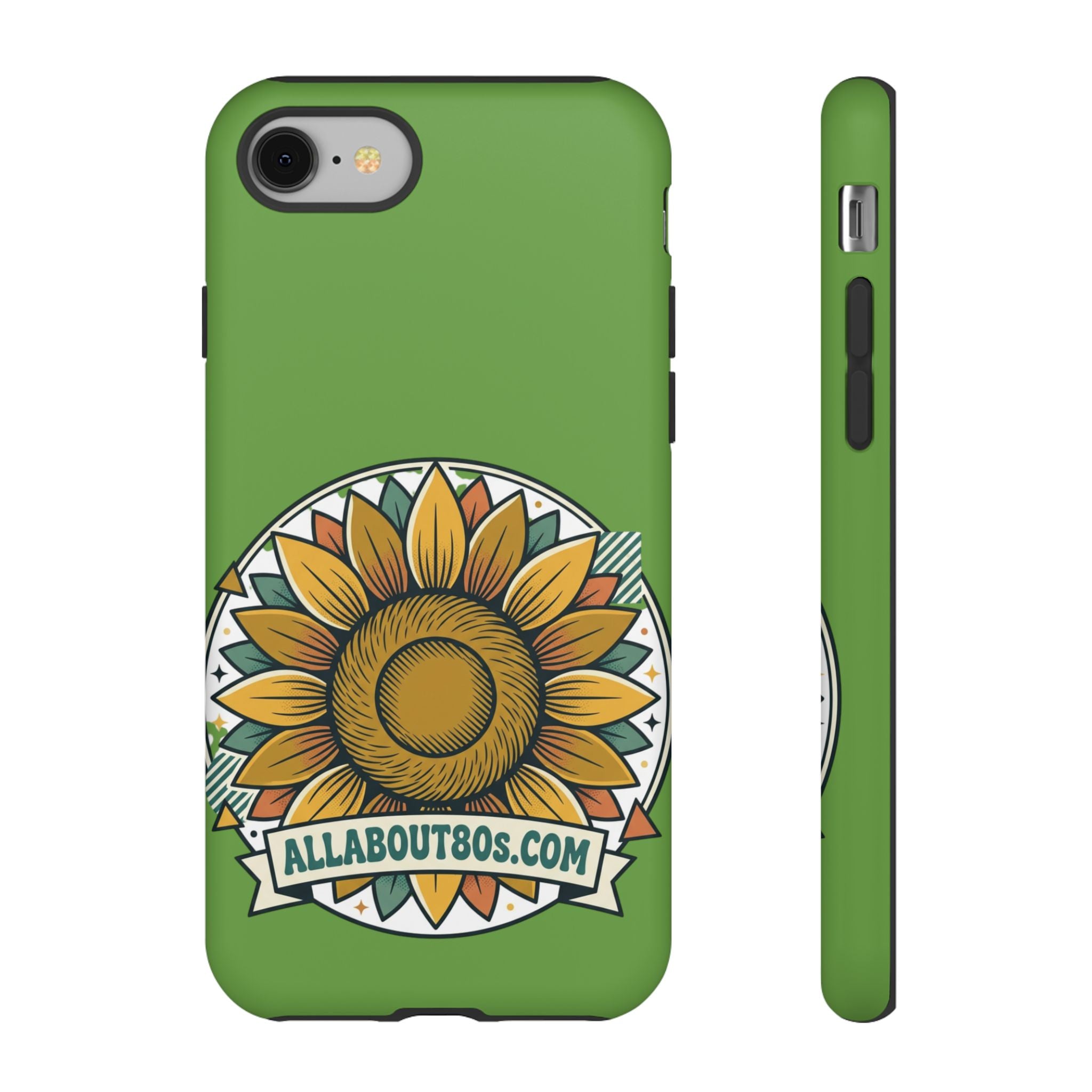 Sunflower Tough Phone Case – Green Floral Protective Case with "AllAbout80s.com" Banner